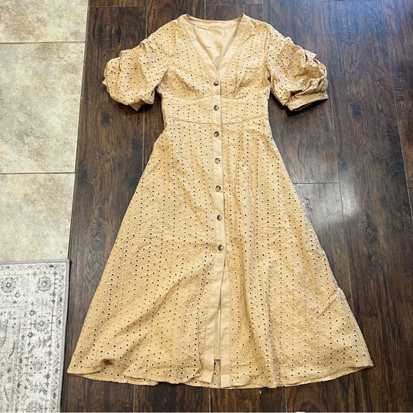 NWT MOTF Schiffy Eyelet Khaki Cotton Bishop Sleeve Button Down Midi Dress XS - Picture 5 of 9